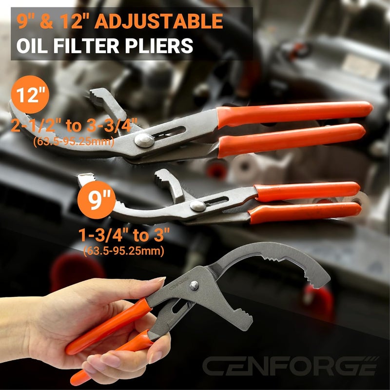 CENFORGE Oil Filter Wrench Set, 9" & 12" Adjustable Filter Pliers with Non-Slip Grip for Cars, Trucks, Motorcycles & Heavy Equipment (2-Piece Heavy Duty Set) - Image 2